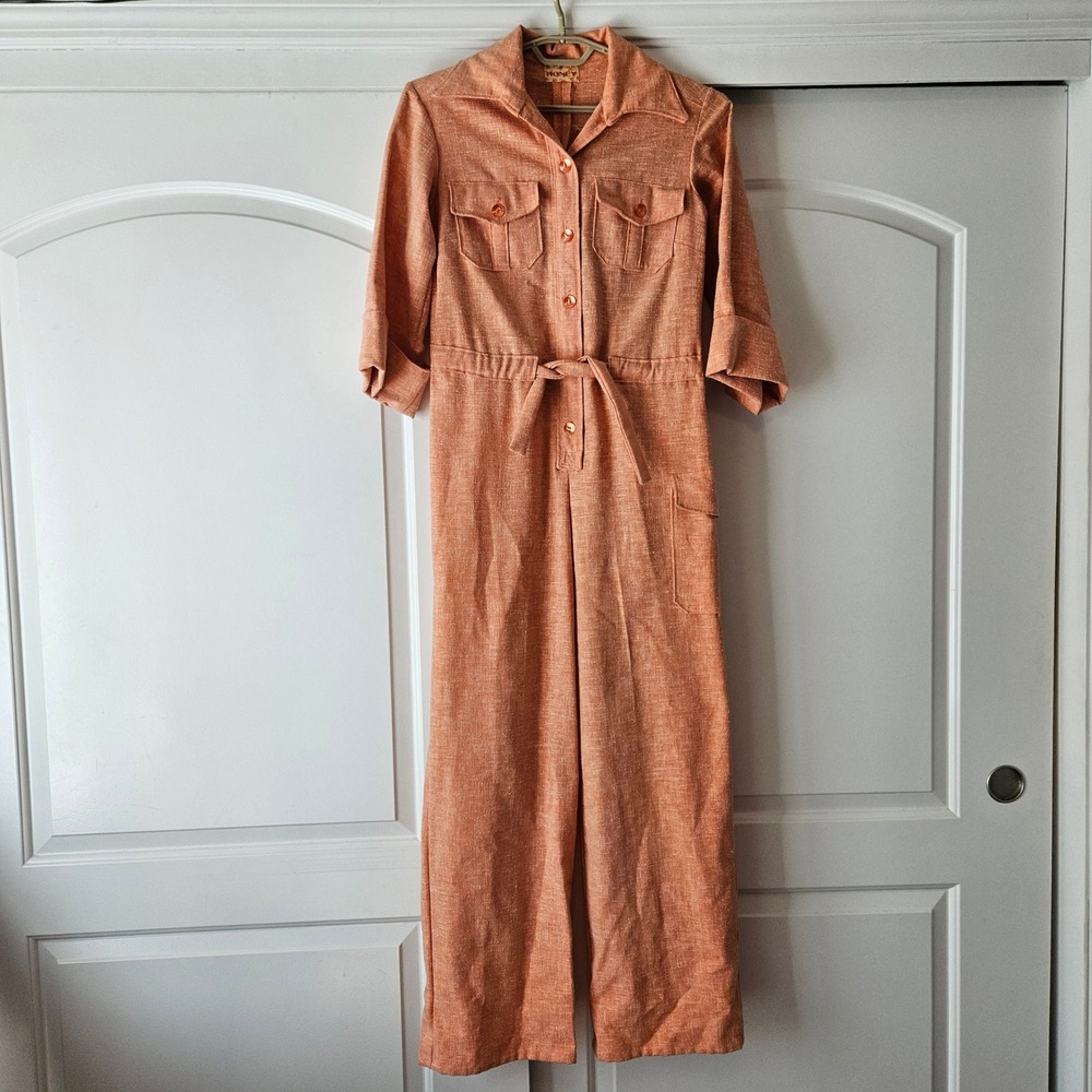 Honey‎ Orange Textured Belted Jumpsuit Size Small Retro 70s 50s Disco Utility